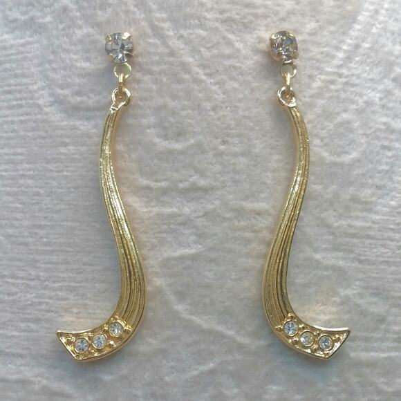 Anne Klein Earrings Rhinestone Swoop Vintage Textured Gold Tone Dangle Elegant - Picture 5 of 11